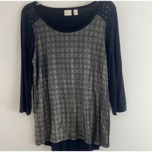 Chico’s Top Blouse Women size 1 long sleeves navy blue bout neck